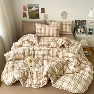 3pcs/4pcs Student Dormitory Bedding Set, Home Bed 4-Piece Set with Double Layer Gauze Check Stripe Design, Minimalist Style for Year-Round Use, Soft Bedding Sets