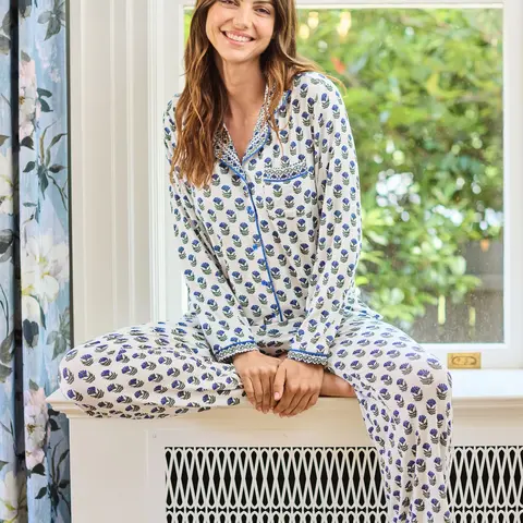 Women's 2-Piece Navy Foulard Floral Bridal Pajama Set - Cotton Blend Elegant Casual Fabric, Long Sleeve Button-Down, Button-Down Charm, Soft Lightweight Breathable Loose Fit Sleepwear, Bridal Showers Gift