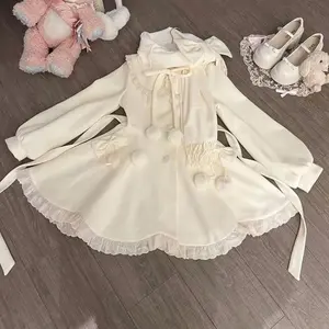 Autumn Winter Japanese Kawaii Cute Woolen Coat Women Y2k Sweet Slim Bow Design Elegant Jacket Female Chic Korean Popular Coats