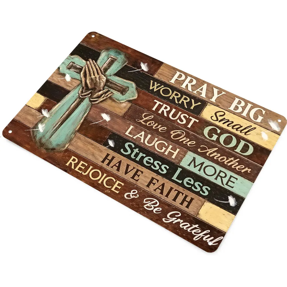 Pray Big Worry Small Trust God Aluminum Sign, Flat Vintage Christian Cross Wall Decor, Inspirational Faith Quote Design, Perfect for Home & Church, 8x12 Inch, Great Religious Gift for Believers, Trendy Retro Grunge Vibe Decoration