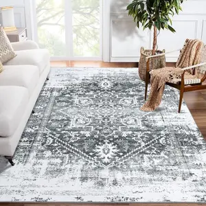 【GARVEE】Area Rug 8x10 Washable Rug Vintage Medallion Distressed Rug Non Slip Large Area Rug Low Pile Bedroom Rug Stain Resistant Living Room Rug, Grey