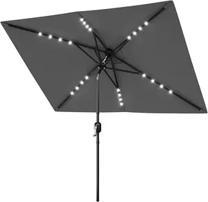 Gray 10' x 6.5' Solar Rectangular Patio Umbrella,Outdoor Table Umbrella with Crank and Push Button Tilt, Market Umbrella with 6 Sturdy Ribs Tilt for Garden, Deck, Lawn, Pool
