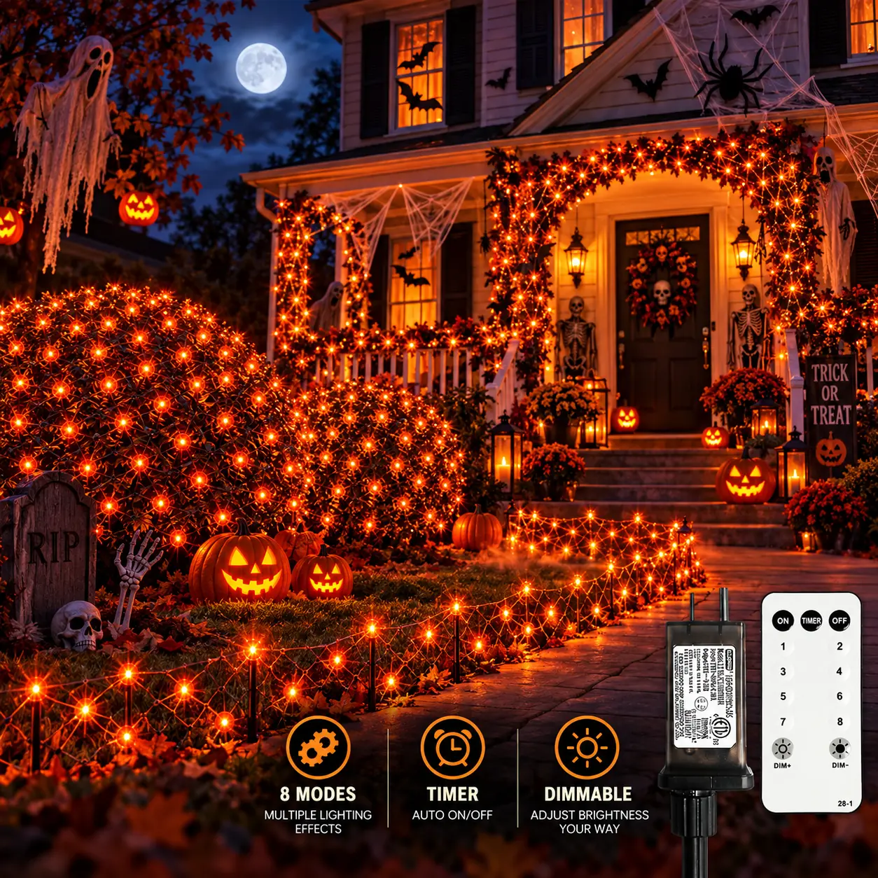 200 LED Multicolor Halloween Net Lights - 8.4ft x 5.2ft, IP44 Waterproof, 8 Modes, Timer & Dimmable, Connectable Mesh Lights for Outdoor Bushes, Yard, Garden & Halloween Decor