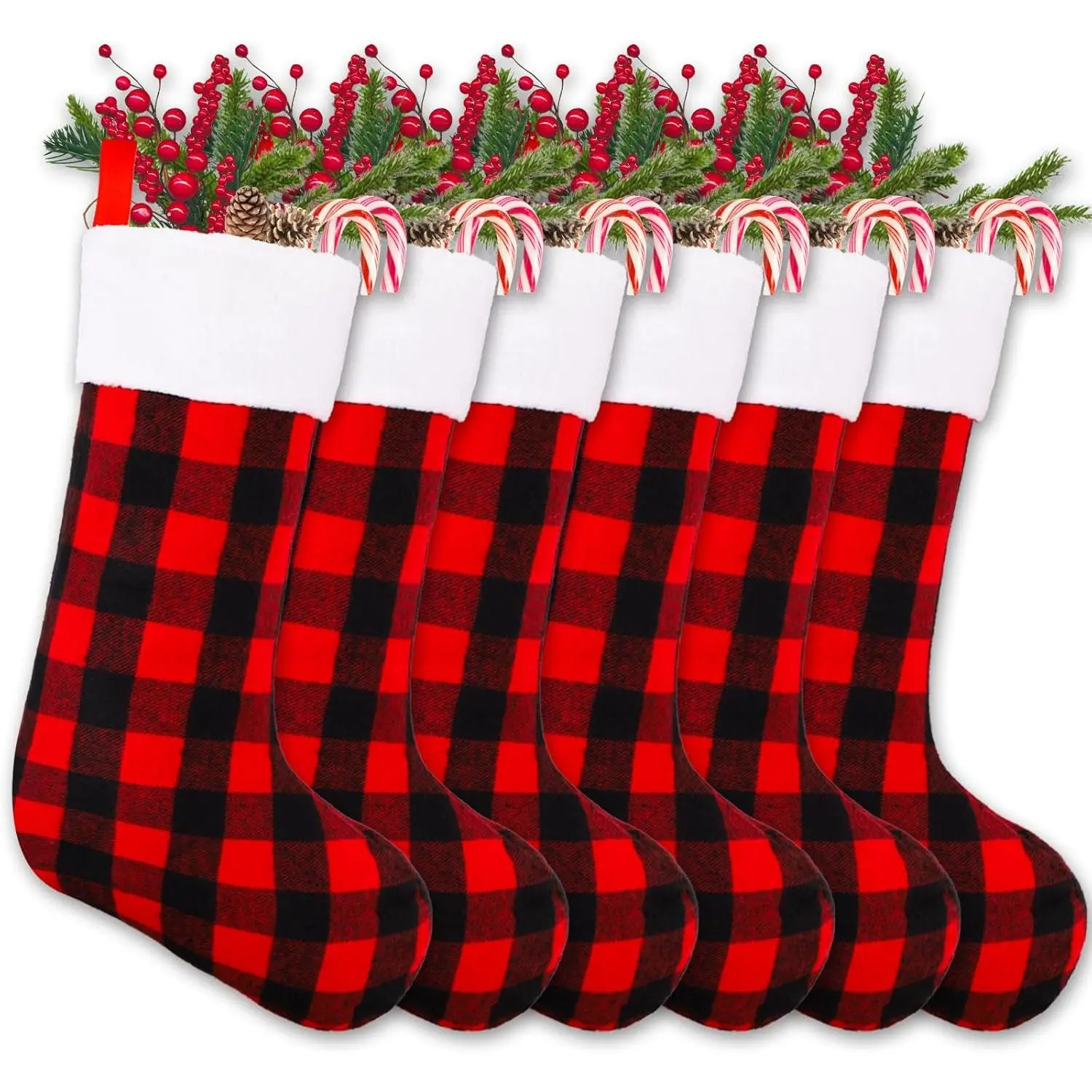 6 Pack 22 Inches Christmas Stockings, Xmas Large Black Red Buffalo Plaid Hanging Stockings Decorations for Christmas Tree Fireplace Family Holiday Party Decor