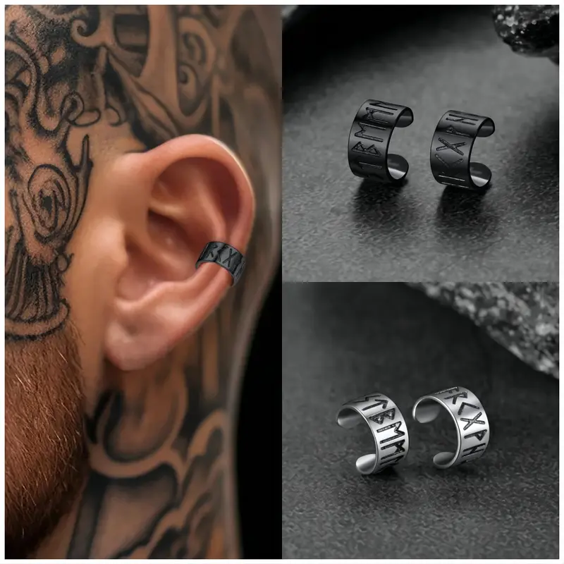 FaithHeart Norse Viking Runes Ear Cuffs Hoop Earrings for Women Men Gothic Jewelry