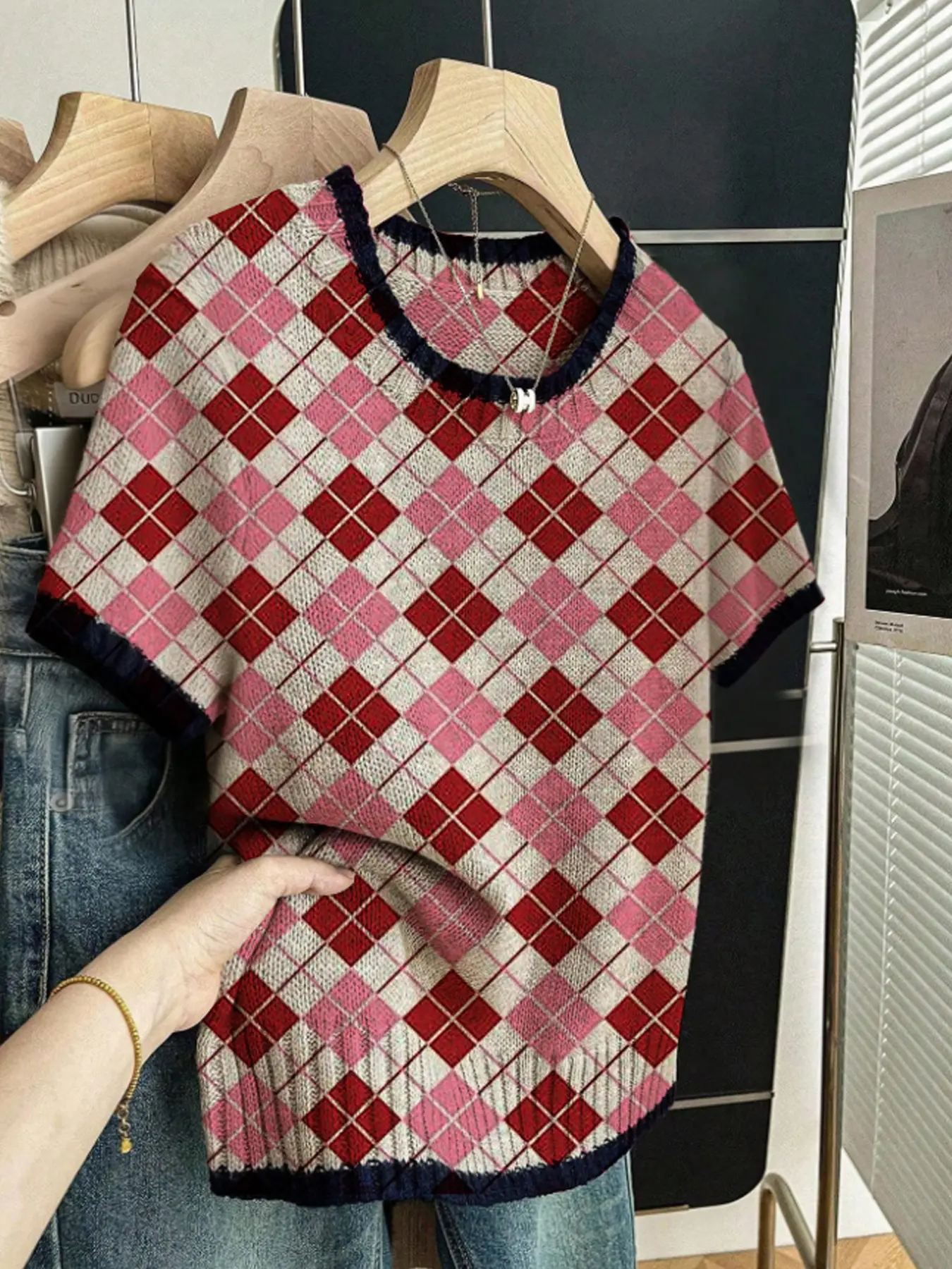 Geometric Plaid Grid Print Round Neck Sweater, Casual Short Sleeve Knitwear for Spring Summer Fall, Comfortable Warm Fitted Women's Clothing Womenswear Casual Chic Jumper