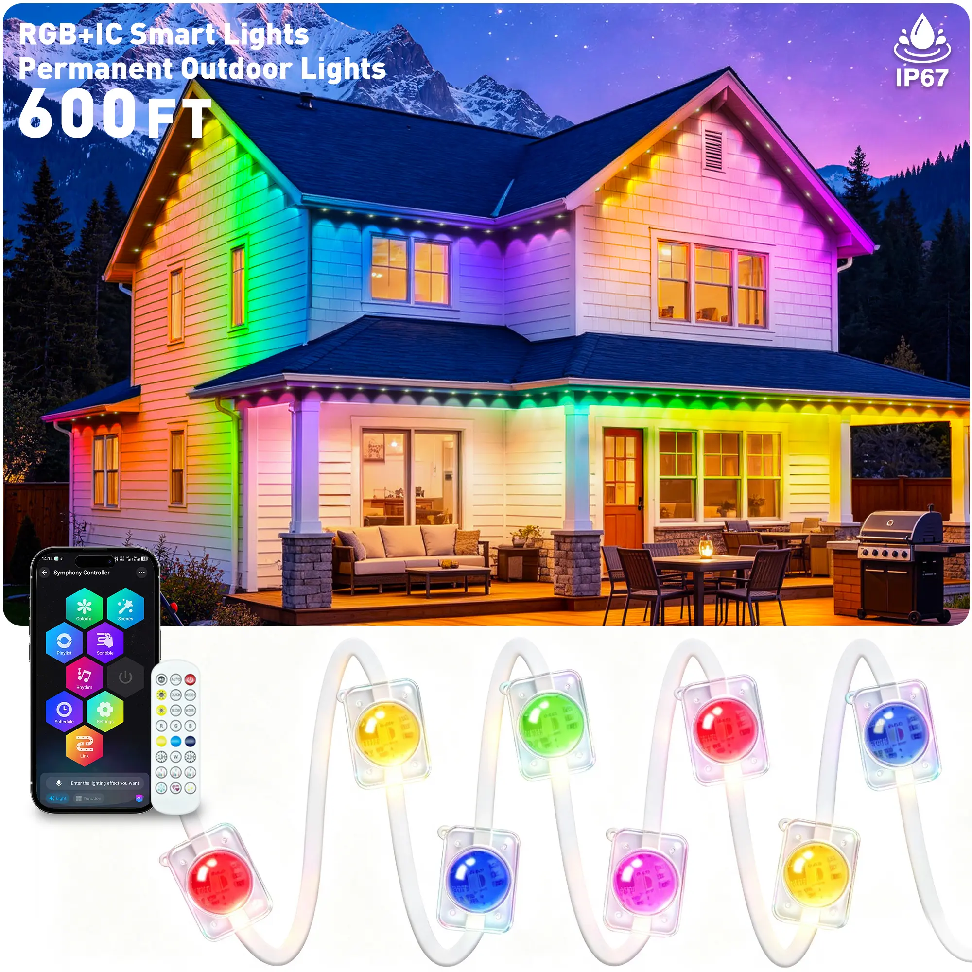 AHRLHR Permanent Modern Rainproof Outdoor RGB IC LED Strip Lights - IP67 Waterproof RGB LEDs, Peel-and-Stick, App/Remote Control, Timer Function, Ideal for Garden Decor, Party Gifts