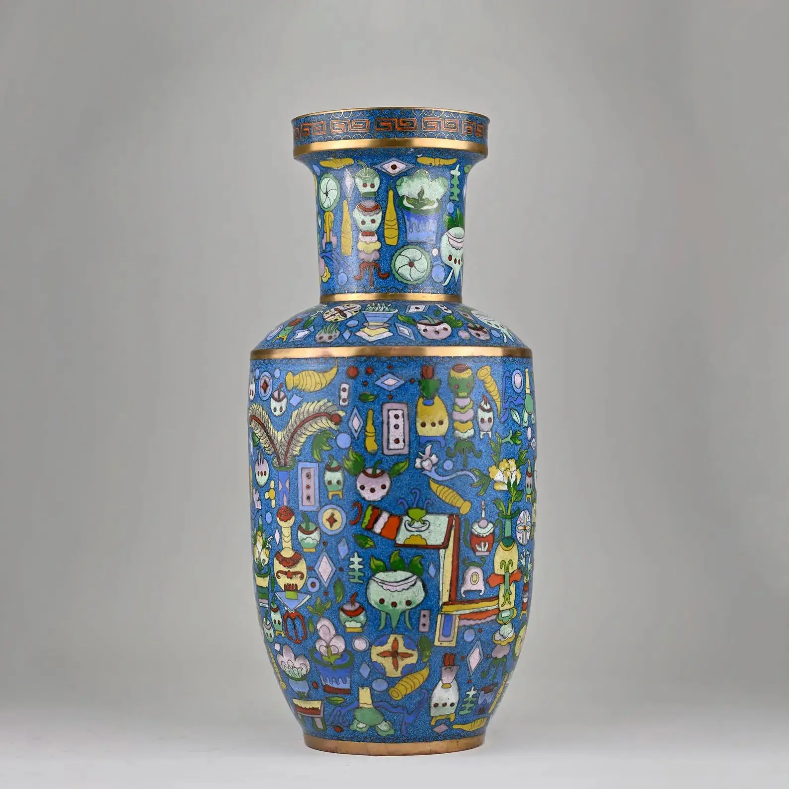 Chinese Cloisonné Rouleau Vase | Polychrome Enamel with Hundred Antiques Motif, Yongzheng Mark, Vintage Qing Revival