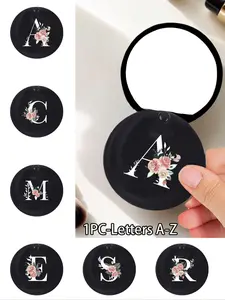 Fashionable Round Mirror with Floral Initials, Designer Travel Accessory, Sliding Mini Mirror, Travel Hand Mirror, Plastic Material, Durable and Lightweight