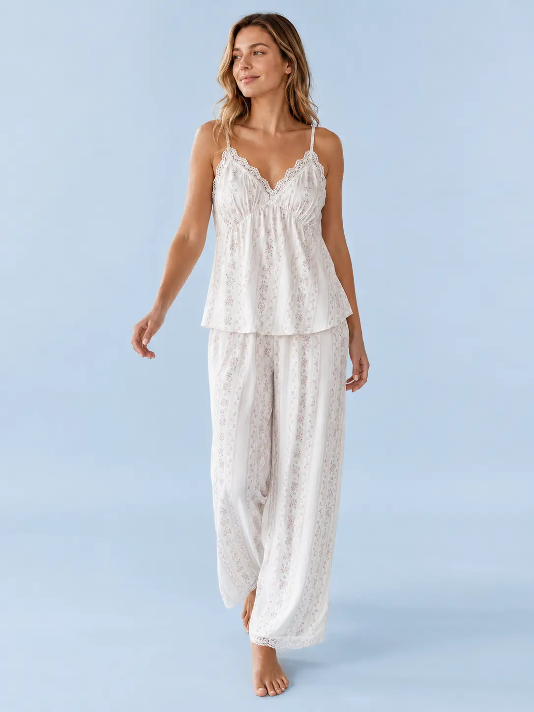 Women’s Floral Lace Pajama Set, 2-Piece Cami Top & Wide-Leg Pants Loungewear, Elastic Waist Relaxed Fit Sleepwear for Bedtime, Home Lounge, Morning Coffee, Travel & Casual Outings