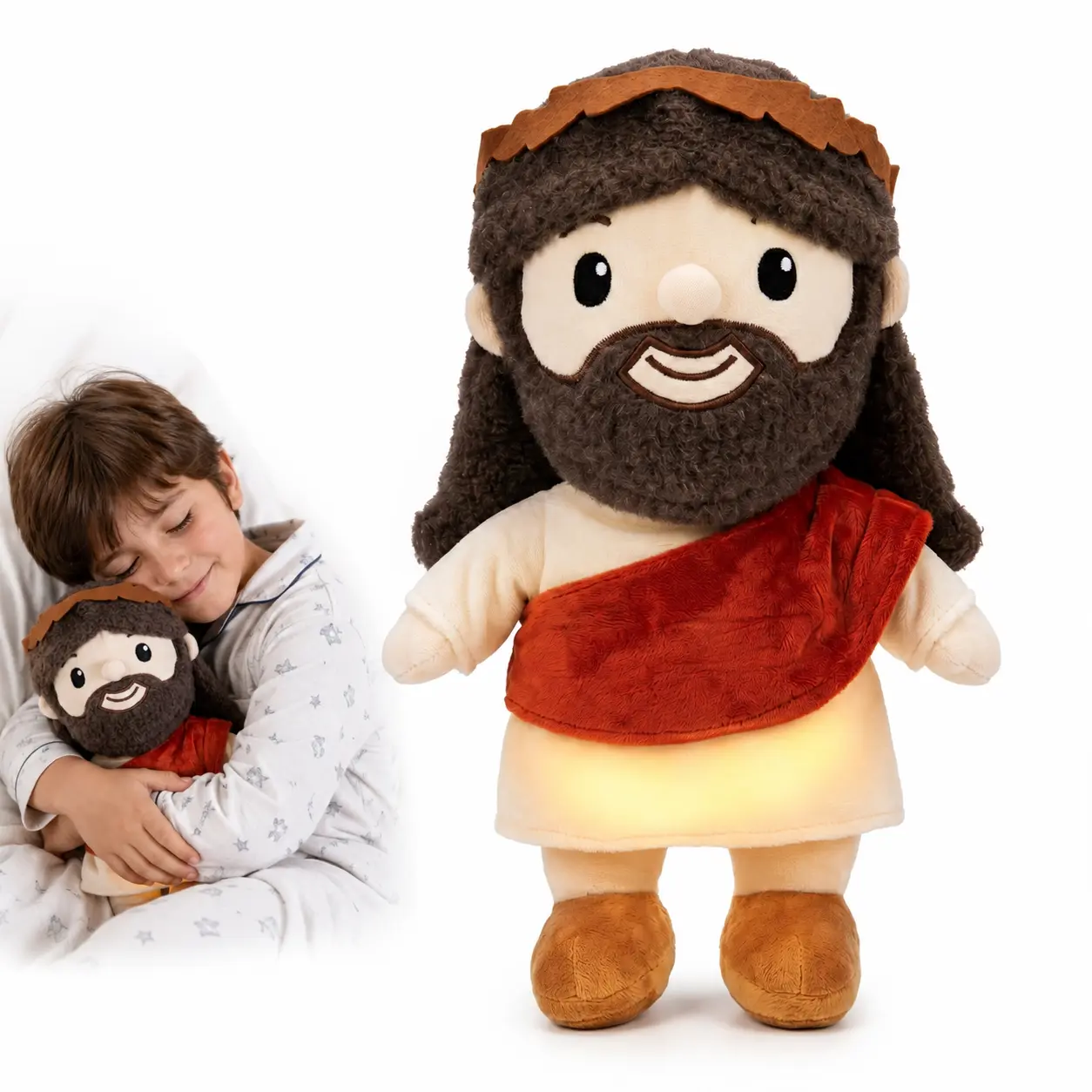 Breathing Jesus Plush Doll, Soft Christian Stuffed Jesus Toy with Gentle Breathing Motion, Cute Brown Hair Beard, Cream Robe and Red Sash, Cozy Bedtime Companion for Kids, Teens, Adults, Nightstand Decor, Prayer Corner, Travel Friendly Gift Idea