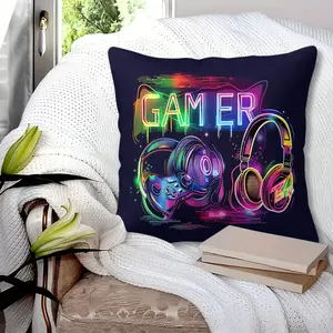 Neon Gamer Theme Throw Pillow, Cool Gaming Cushion, Soft Plush Decorative Pillow for Teen Boys, Gamers, Bedroom, Couch & Gaming Room