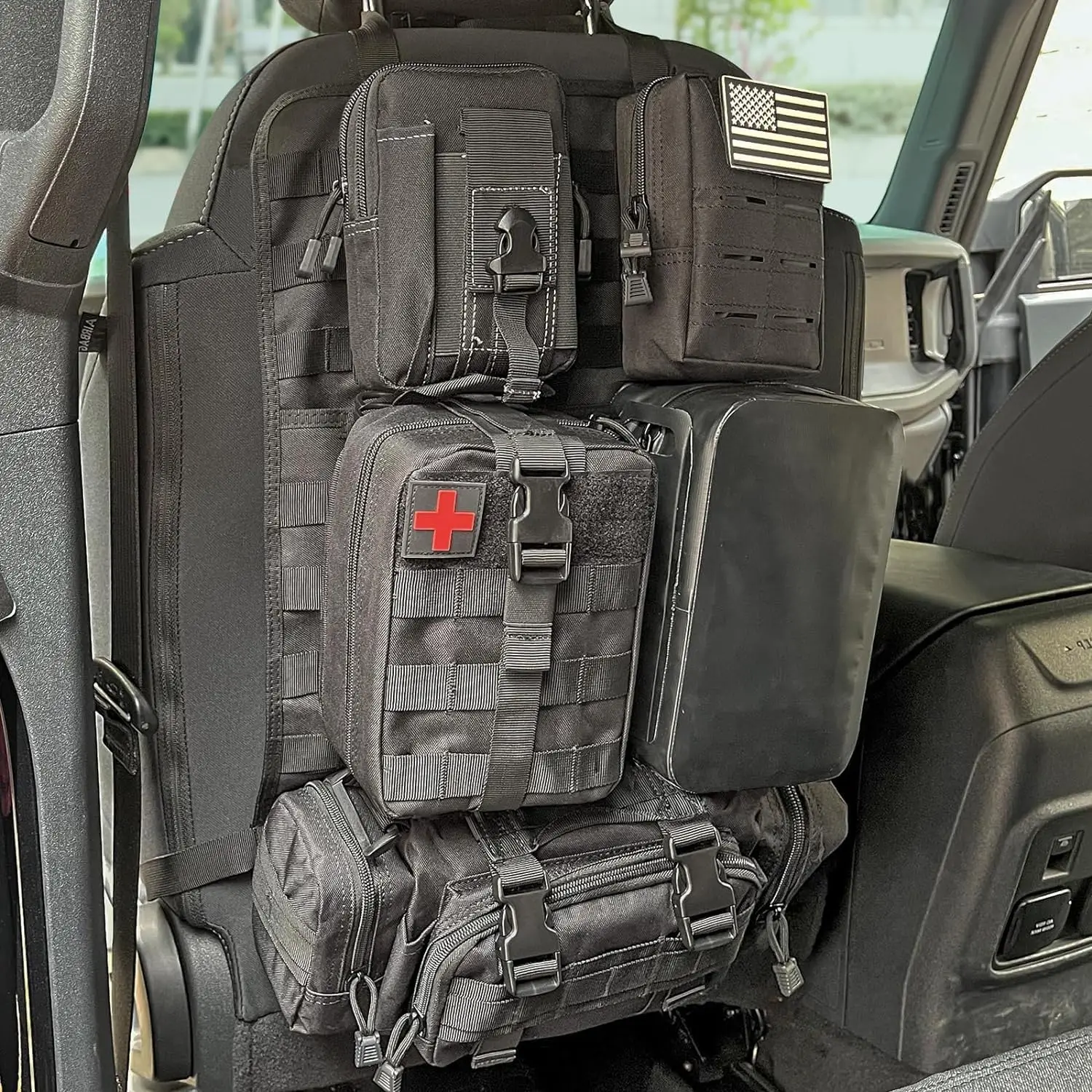 Universal Tactical Vehicle Back Seat Organizer with 5 Detachable Pouches - Medical, Phone, and Admin Storage Bags with Multi-Pockets， Large Capacity F