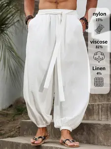Men's Linen Palazzo Pants, Loose Fitting Trousers, Summer Drawstring Tie Front Boho Beach Lantern Trousers With Pocket Solid Color Elastic Waist Travel Vacation Date Brunch Home Work Streetwear Outfit