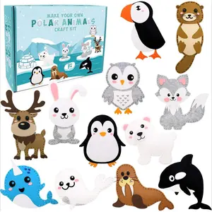 SQ-HDJ014 Polar Animals Sewing Kit for Kids Make Your Own Winter Polar Animals Felt Plush Craft Kit Includes 14 Creative Projects to Sewing Beginners Fun DIY Educational Gift for Boys and Girls