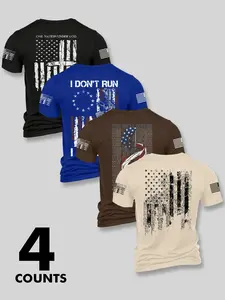Men's Fashion Stylish Round Neck Casual Short Sleeve T-Shirt, Summer Comfortable Flag Print Outdoor Tee, 4 Pack Set, Perfect for Boyfriend Daily Wear
