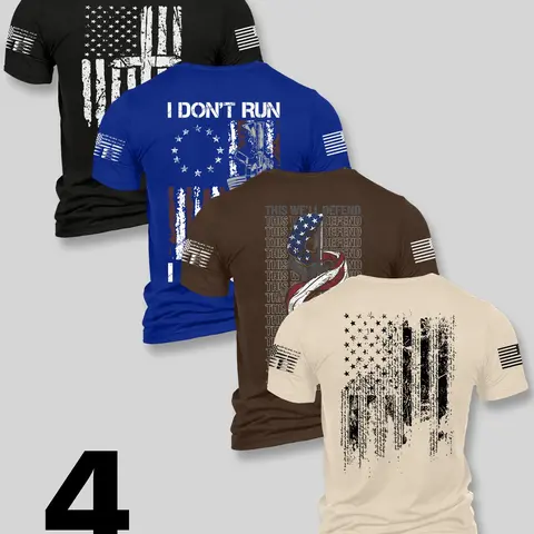 Men's Fashion Casual Baggy Fit Streetwear Graphic Tees Tops, Stylish Round Neck Classic Casual Short Sleeve T-Shirt, Summer Comfortable Flag Print Outdoor Tee, 4 Pack Set, Menswear, Perfect for Boyfriend Daily Wear