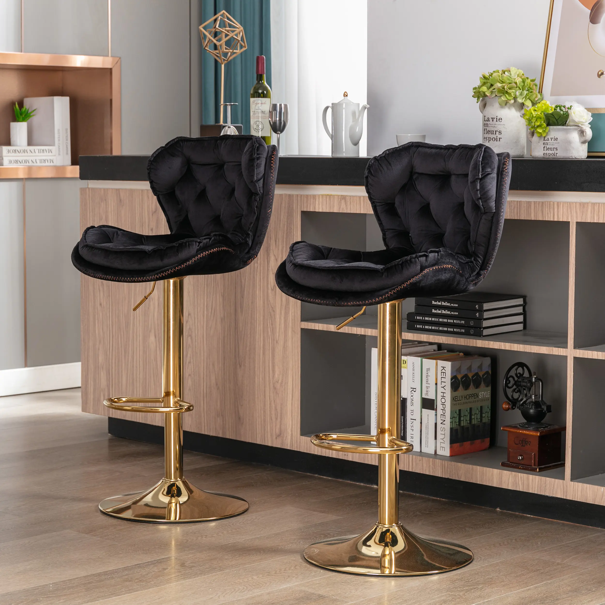 Set of 2 Swivel Bar Stools with Chrome Footrest and Base Height Adjustable Mechanical Lifting Velvet Upholstered Seat Gold Legs Modern Kitchen Counter Stools Black, Living Room Table for Sofa Side, Bedroom, Office, Apartment and Home Decor
