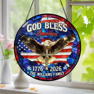 Custom Family Name Patriotic 250th Anniversary Suncatcher, God Bless America Eagle 1776–2026 Stained Glass Suncatcher