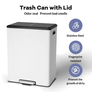 15.85 Gallon Kitchen Trash Can, 30L+30L Step Dual Recycling Bin with 2 Removable Barrel, Wide Step Pedal, Soft Close Lid, Large Stainless Steel Garbage Can for Home and Office