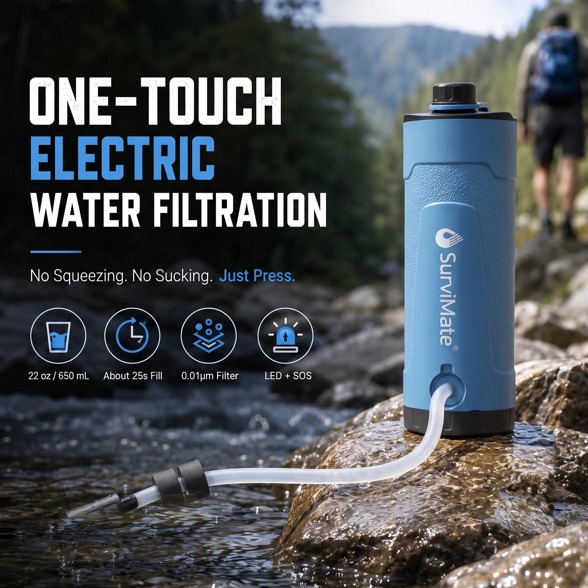 Portable Electric Water Purifier, 650ml Integrated Bottle with 0.01 Micron Hollow Fiber Filter, 1-Touch Pump and Rechargeable LED SOS for Outdoor Hiking & Camping, Outdoor Hikes, Companion