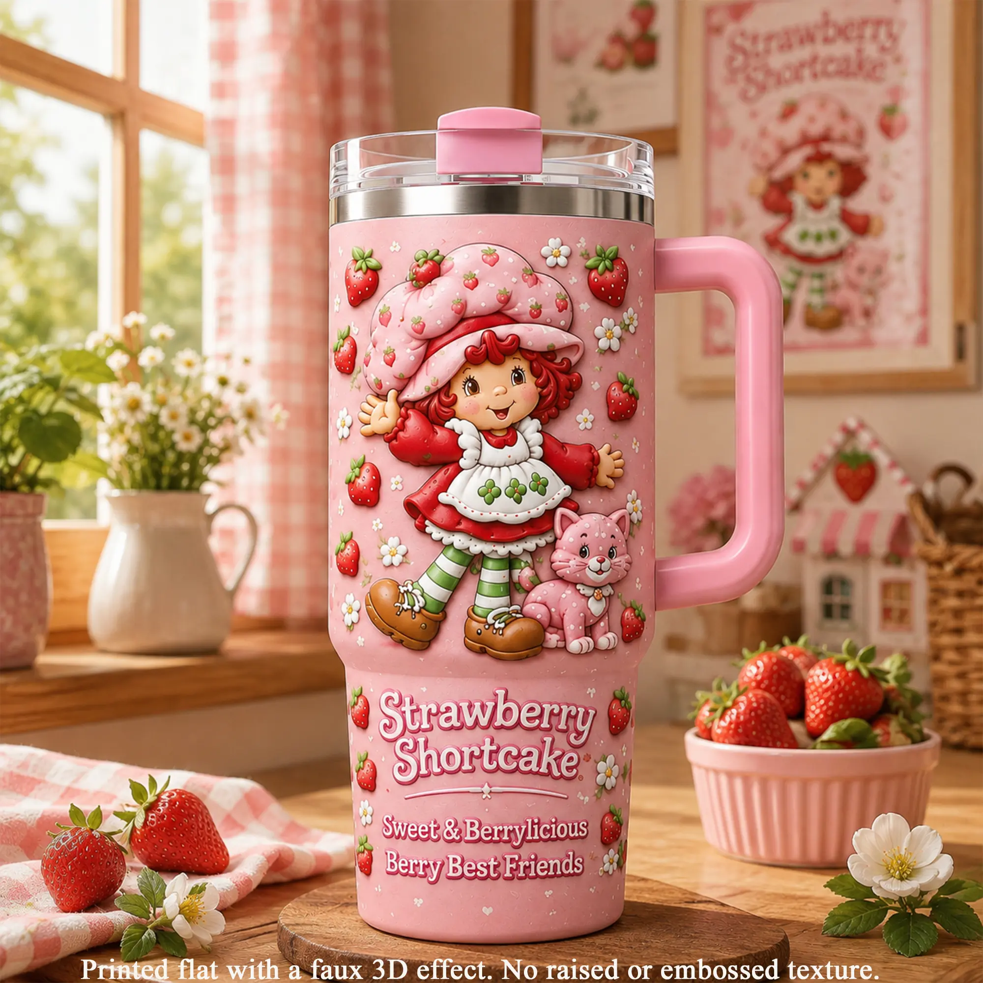 Strawberry Shortcake Sweet Berry 40oz Tumbler Premium Stainless Steel Insulated Travel Cup With Handle and Straw, Cute Character Tumbler, Coquette Tumbler, Vintage Cartoon Tumbler