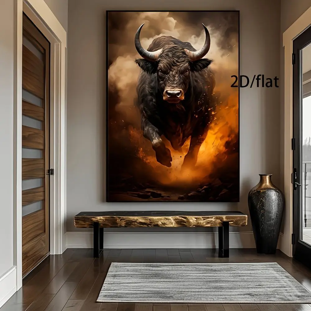 1pc 31.49x47.24inch Frameless Modern Black Bull Motif Canvas Art - 2D Flat, Dynamic Flame & Lightning Design, High-Quality Canvas, Home Supplies Wall Decor for Living Room, Bedroom (Frame Not Included), One-Piece
