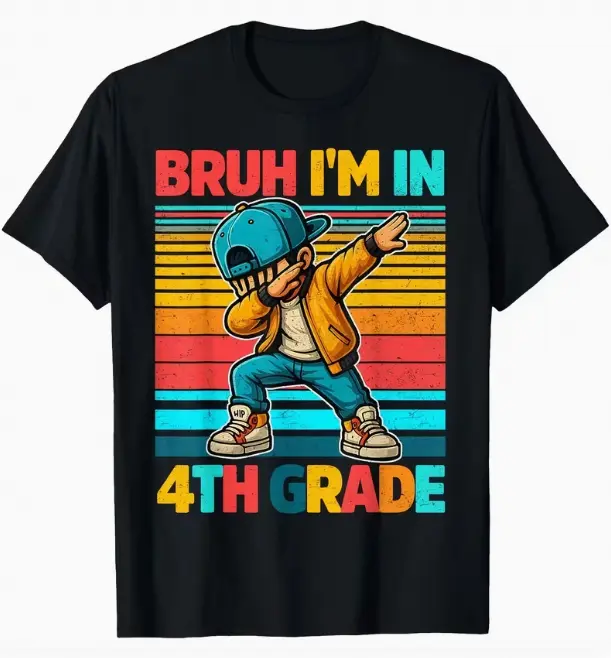 Funny Bruh 4th Grade Dab Character Graphic Casual Children Tee Retro Striped Print Back To School Daily Wear Black Cotton Top