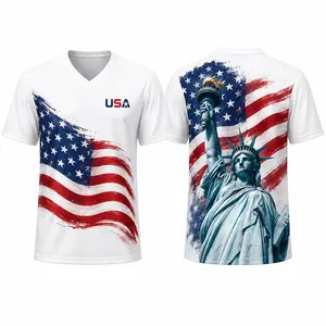 USA Patriotic V-Neck Sports Shirt for Men Women, American Flag Statue of Liberty Graphic Short Sleeve Athletic Tee