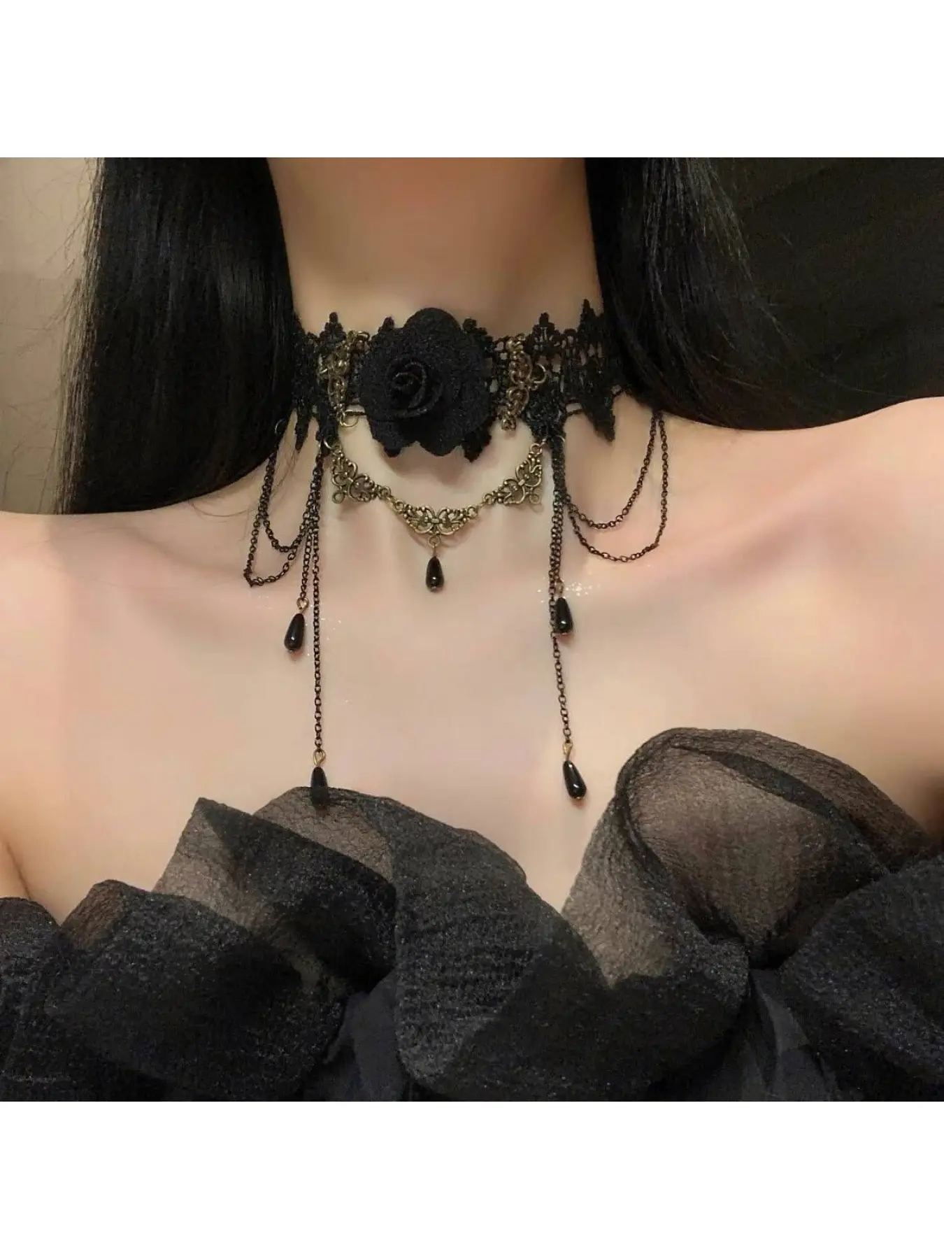 Dark Gothic Black Lace Neckband Elegant Rose Flower Tassel Pendant Fashion Women Decorative Choker Necklace Gothic Jewelry