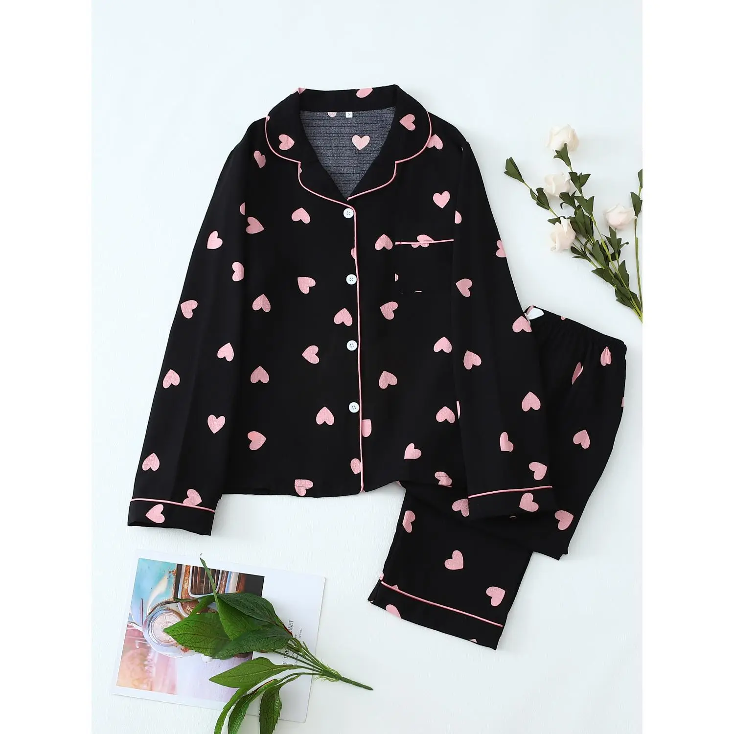 Black Heart Print Long Sleeve And Pants Youth Pajama Set, for Teenager, For Teenager