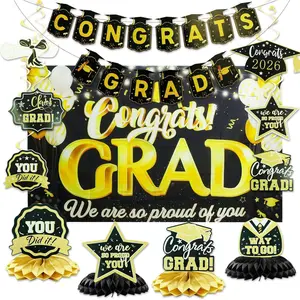 Graduation Decorations 2026  Themed Set - Congrats Grad Banner, Backdrop,  Swirls &  Centerpieces Kit - Complete Party Supplies for High School & College Graduation
