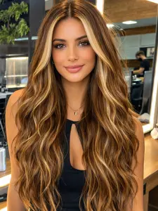 26 Inch Brown Body Wave Lace Front Wig Honey Blonde Highlights Heat Resistant Synthetic HairGlueless Full & Soft Look