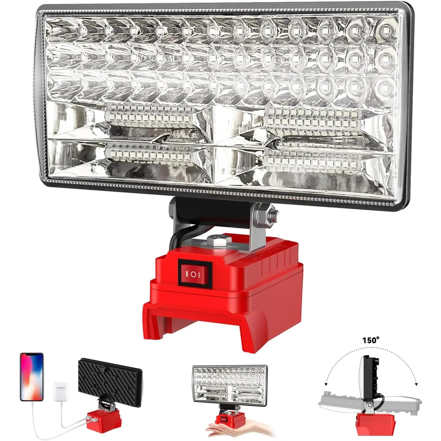 Quesear 8-in Cordless Rechargeable LED Work Light for Milwaukee M18 (No Battery) - 90W 5400 Lumens FloodLight, 84 High-Brightness LED Beads, 2-Level Adjustable Gear, Dual USB Interfaces, 140° Wide-Angle Outdoor Lighting, Bright Flashlight