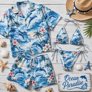 Ocean Paradise Matching Bikini & Hawaiian Shirt Board Shorts Set , Perfect Gift for Boyfriend Girlfriend