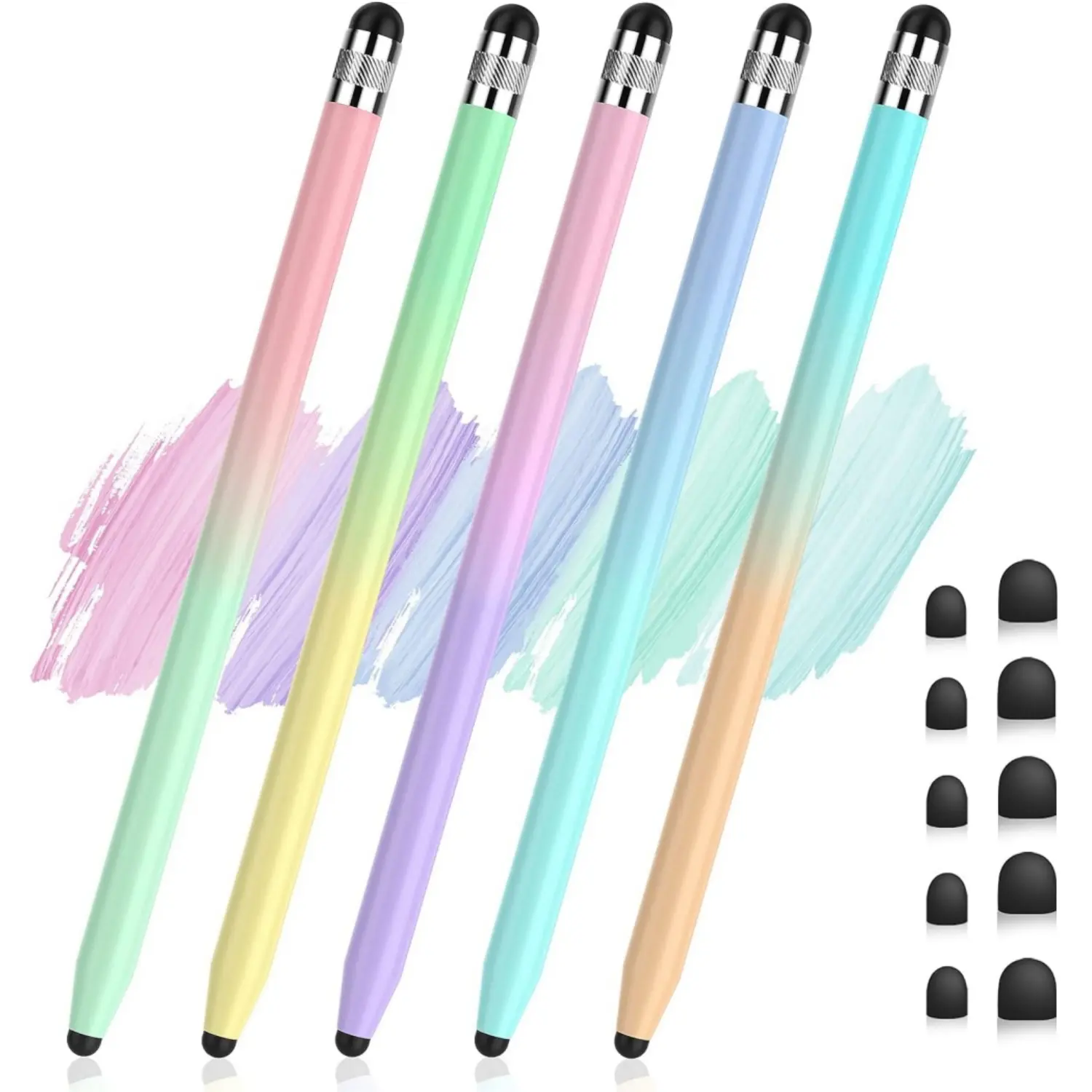 5-Piece Multi-Tip Universal Capacitive Stylus Pen Set, Dual-End High Sensitivity for Touch Screen Smartphones, Pads, Android Tablets & Computer Accessories, with 10 Rubber Tips, Multi-Tip Stylus Pens