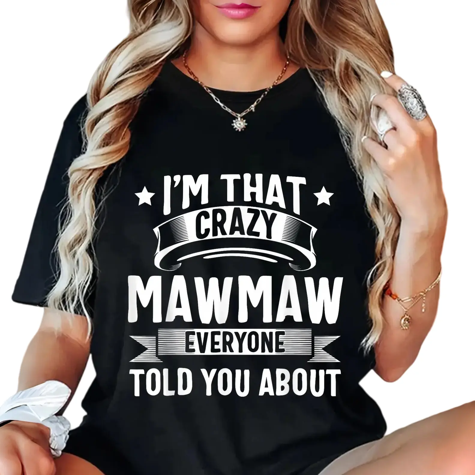 I'm That Crazy Mawmaw Tee | Funny New Mawmaw Printed Cotton Unisex Top, Vintage Star Ribbon Letter Design, Soft Casual Daily Outfit, Mother’s Day & Baby Shower Gift for First Time Mawmaw, Cotton Tee Gift