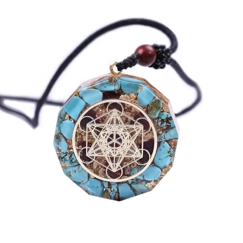 Geometric Metatron Cube Jewellery, Peaceful Orgonite Amulet Necklace in Turquoise Epoxy Resin for Unisex Meditation, Natural Stone