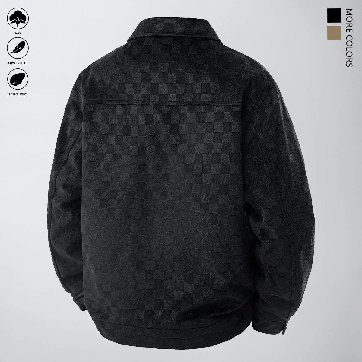 New Men's Black Printed Suede Jacket with Front Flap Pockets and Button Closure - Perfect for Fall Wear Stylish and Practical Outerwear Aesthetic Design Men's Fashion Outfit