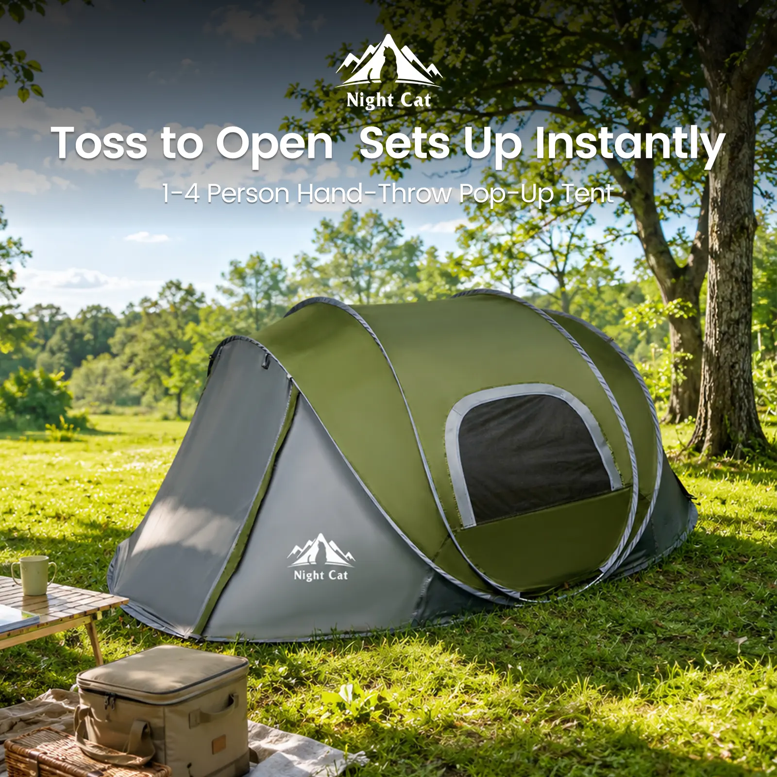 Night Cat 1-4P Instant Pop Up Tent, Spacious Queen Size Fit, Easy Fold Back Design, Rainproof & Windproof, Portable Cabin Tent for Family Vacation, Kids Play Tent, Picnic, Backyard Sleepover & Outdoor Events