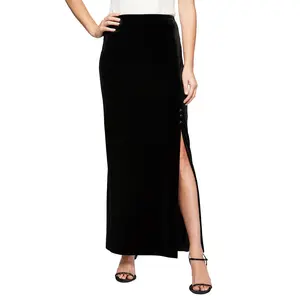 Alex Evenings Long Velvet Skirt with Side Slit & Satin Button Detail 3915397