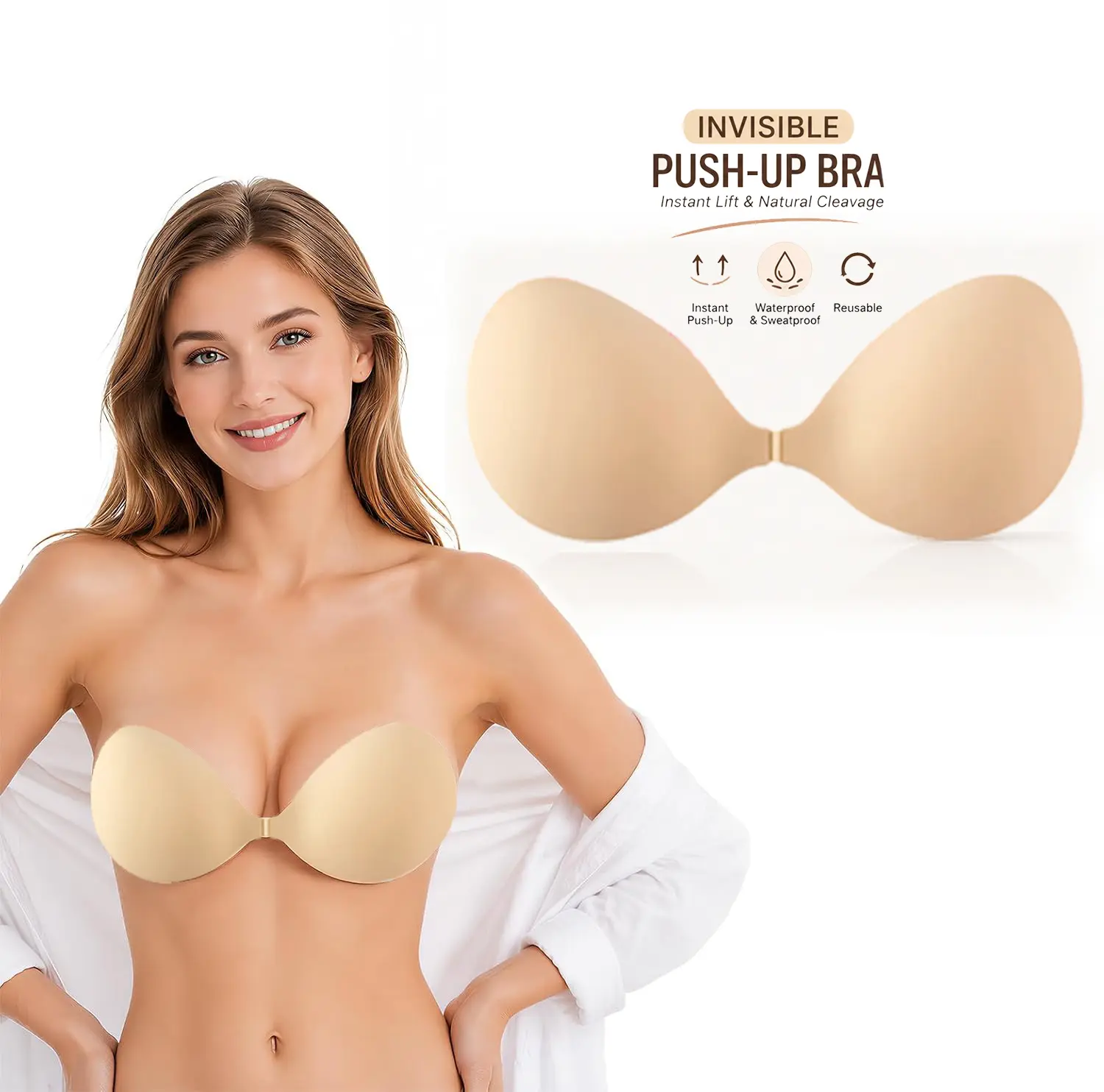 Women's Invisible Push-Up Silicone Sticky Bra - Waterproof, Sweat-Proof, Reusable, Seamless, Backless, Plain, Direct Fit Adhesive Bras with Replaceable Adhesive Pads, Storage Board, Hand Wash Compatible