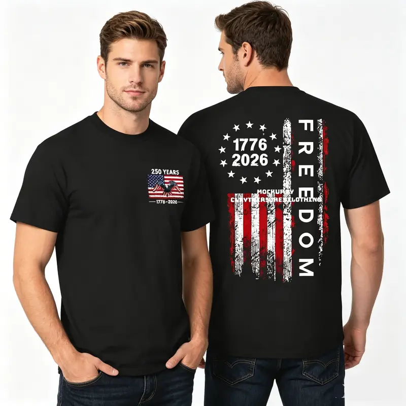 Men's USA-Made 250th Semiquincentennial Graphic Rib Soft Cotton Tee - Round Neck Short-Sleeve Streetwear Clothing, Oversize Seamless Foldable All-Season, New Year Party Casual Menswear Top