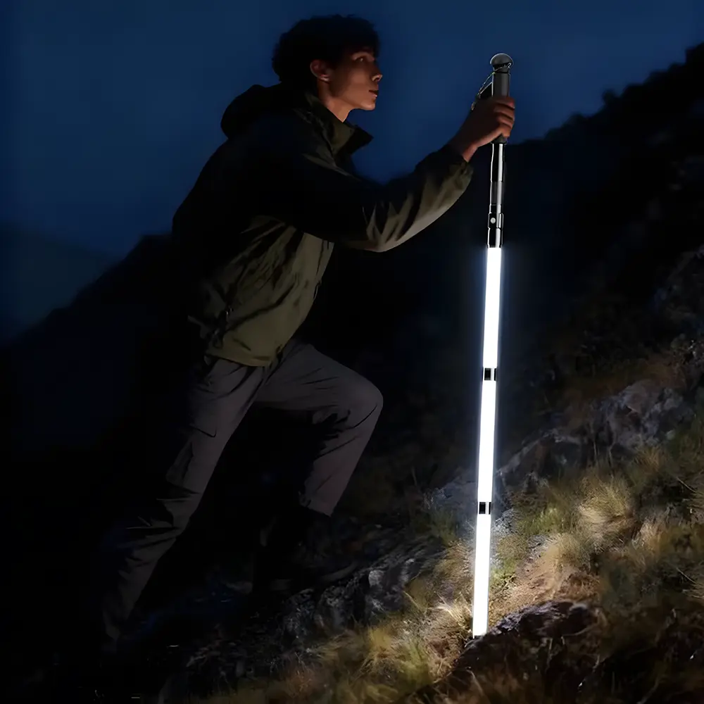 Multi-functional Aluminum Alloy Hiking Poles - Detachable, Rechargeable Flashlight-Illuminated, W/Portable Storage Bag - Camping Gift for Mountain Climbing Enthusiasts
