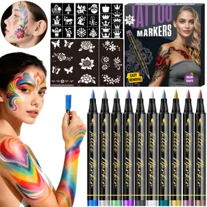 Temporary Tattoo Markers,10/12/18/24 Colors Metallic Markers,Tattoo Stencil, Cosmetic Tattoos Pens,Flexible Brush Tip, Bright colors, Face Paint Kit Cosmetic Quality,Christmas gifts