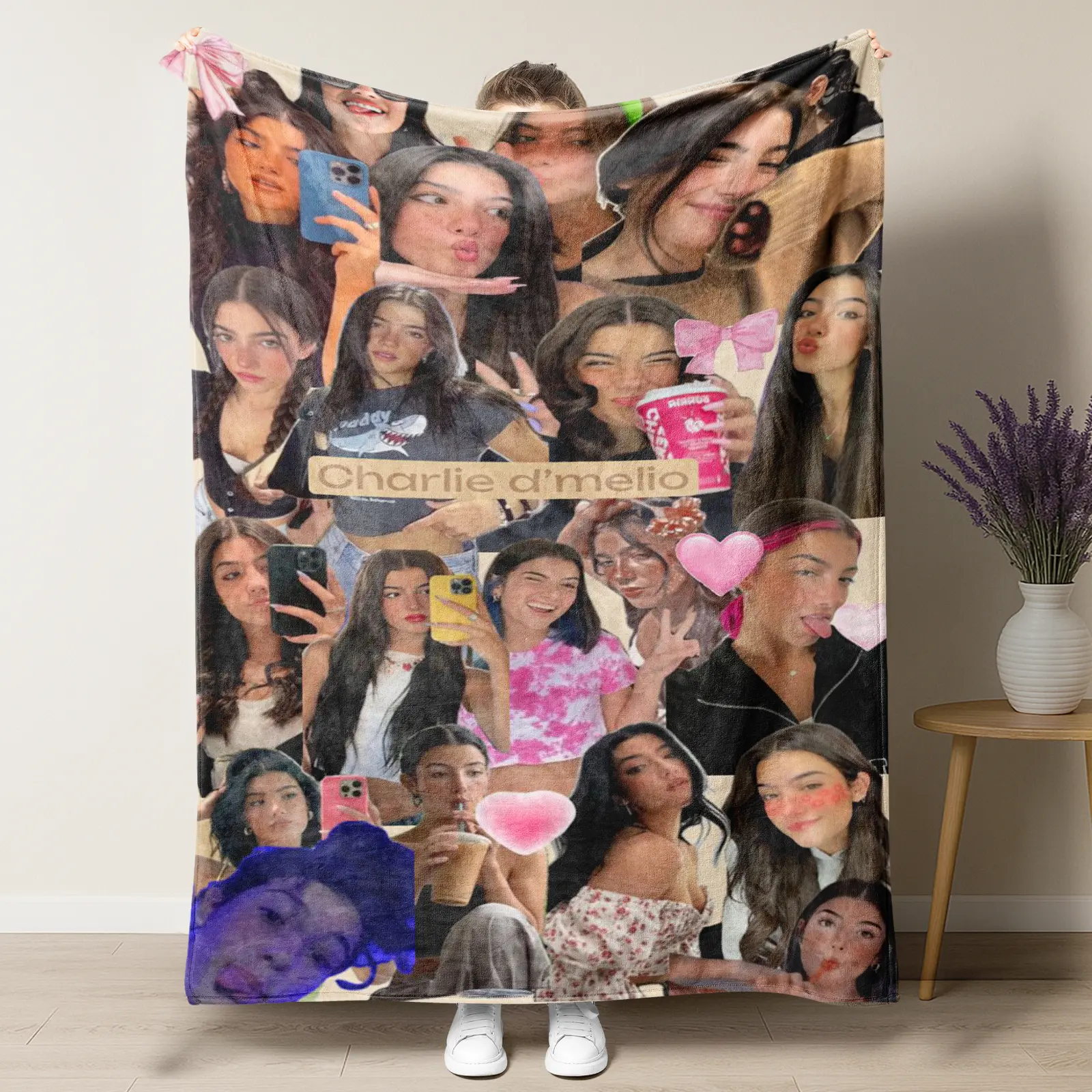 Charli D'Amelio Photo Collage Fleece Throw Blanket - Durable Polyester, Ultra-Soft Premium Plush, Blush Pink Aesthetic Room Decor for Fans, Machine Washable Home Gift, Teens