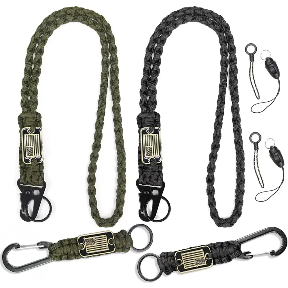 2/4PCS Heavy Duty Paracord Lanyard Keychain with USA Flag, Braided key lanyard for keys for men Long/Short Keychain
