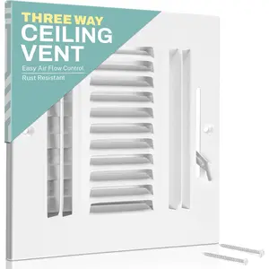 Ceiling Register - Air Vent Covers for  Ceiling or Wall - 10X10 Inch (Duct Opening) 3-Way White Grille Register Cover with Adjustable Damper for HVAC Heat and Cold Air Conditioner