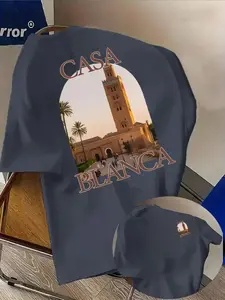Men's Fashion Casablanca Print T-Shirt, Casual Round Neck Short Sleeve, Summer Wear, Daily Outdoor Clothing