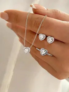 Luxury Heart Ring Pendant Earrings Set, Candy Color Gemstones, Birthday Valentine's Day Gift, Sweet Fashion Jewelry